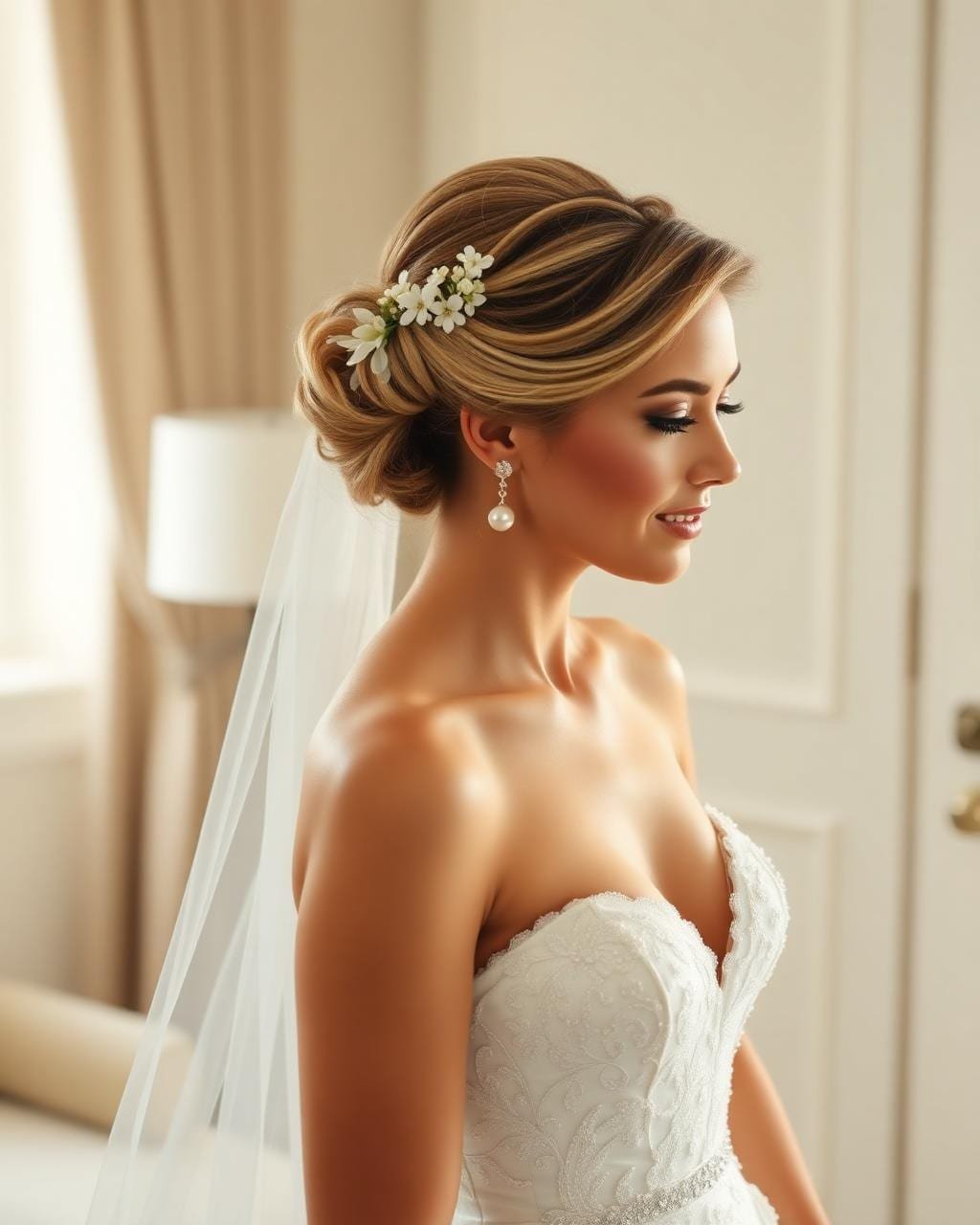Bride after Kyara Luxe morning-of styling — romantic updo with baby's breath and luminous soft-glam makeup