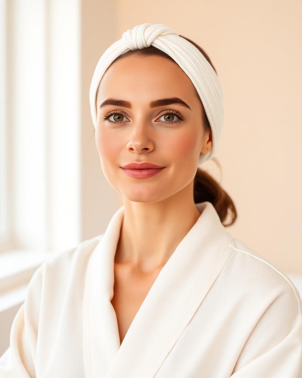 Client with dull skin wearing a spa headband before a Kyara Luxe in-home facial in NYC
