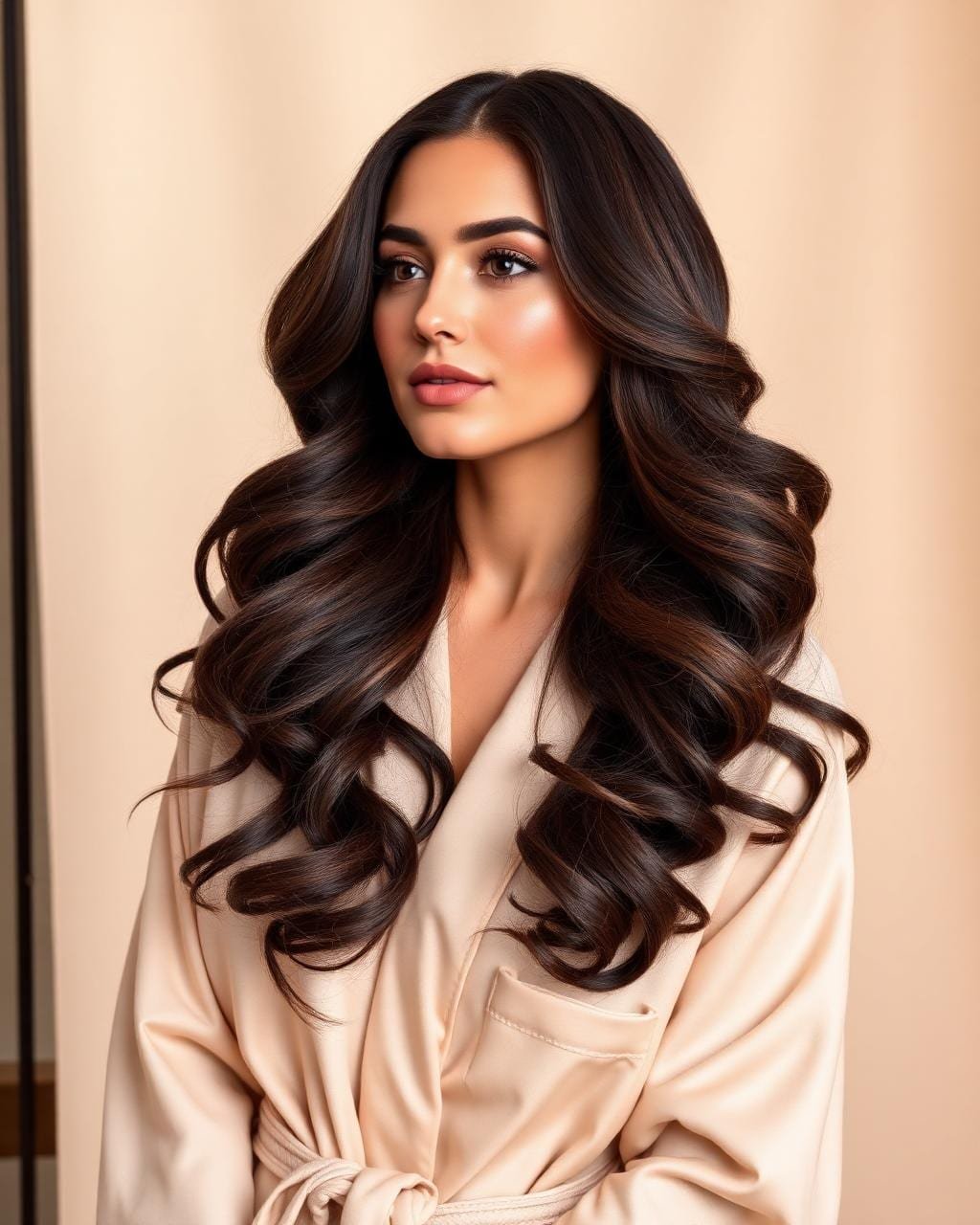 Client after a Kyara Luxe blowout — voluminous, glossy Hollywood waves in dark brown hair