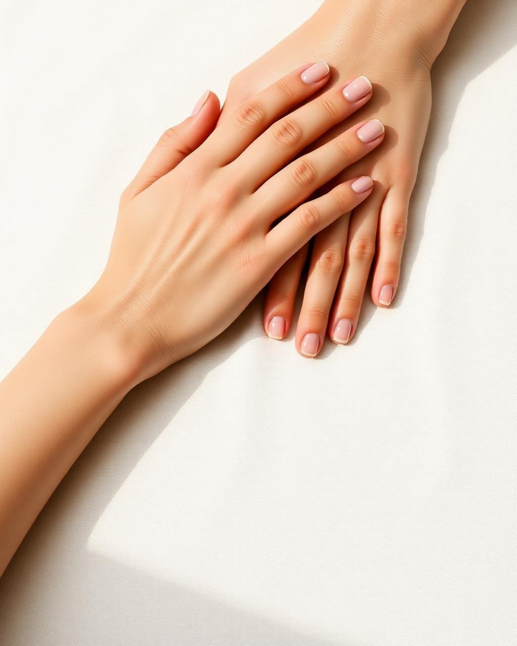 Client's bare hands with short natural nails before a Kyara Luxe in-home manicure